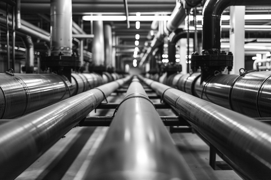 Gros plan sur des tuyaux de tuyauterie industrielle dans un entrepôt d'usine.