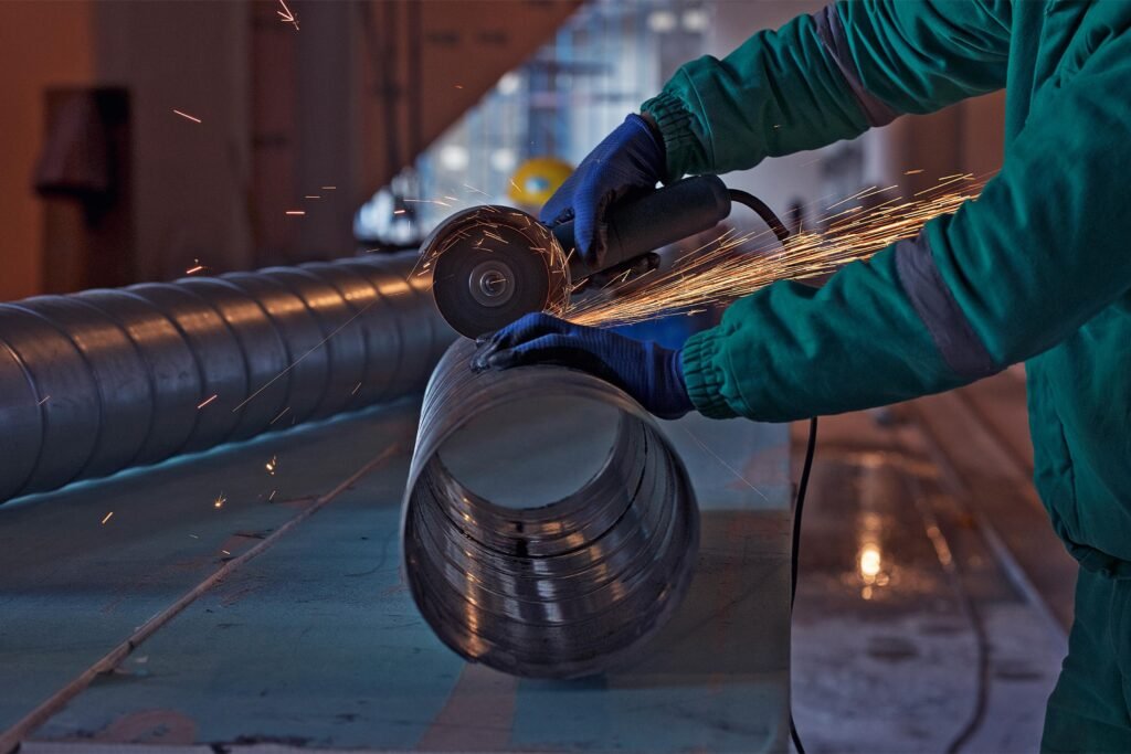 Cette image montre le Pliage des Tôles et le Soudage à l'Arc de l'Acier sur un Chantier de Construction