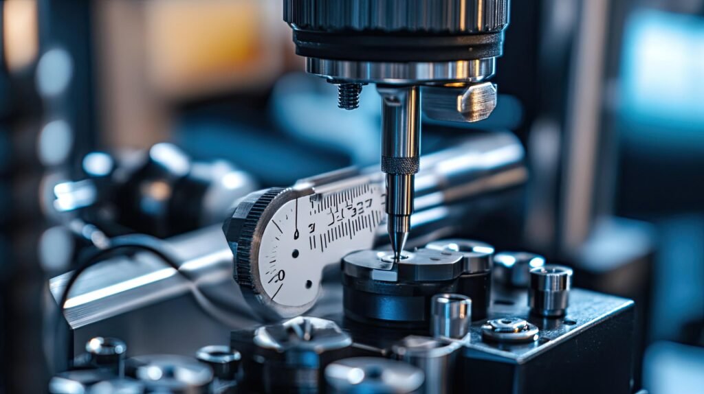 Outil de mesure de précision calibrant un composant métallique dans un environnement de fabrication high-tech